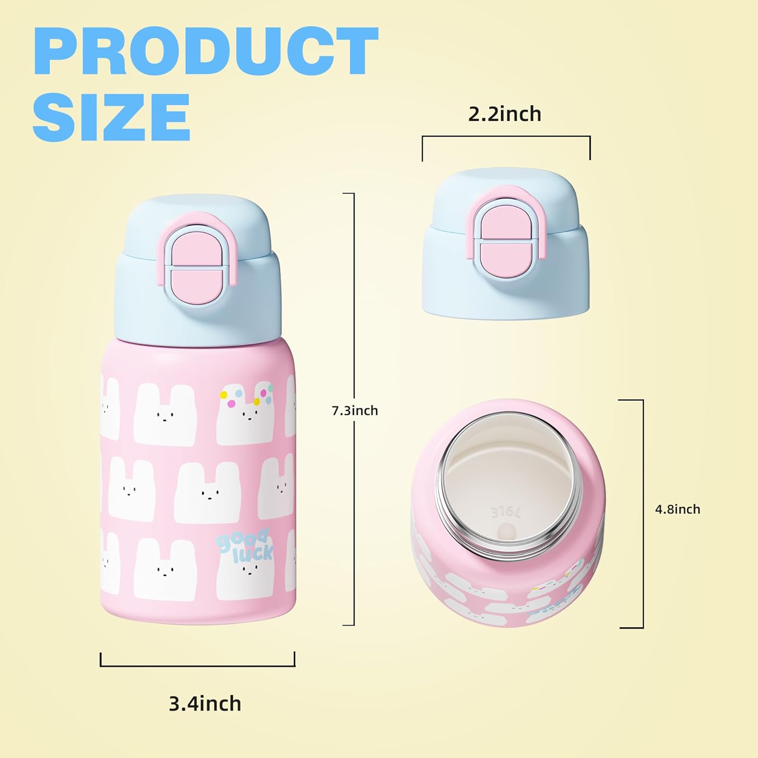 22 oz Kids Water Bottle with Lid and Straw, Insulated Stainless Steel Tumbler Leak Proof, Portable Iced Travel Coffee Mug, Rabbit - Image 3