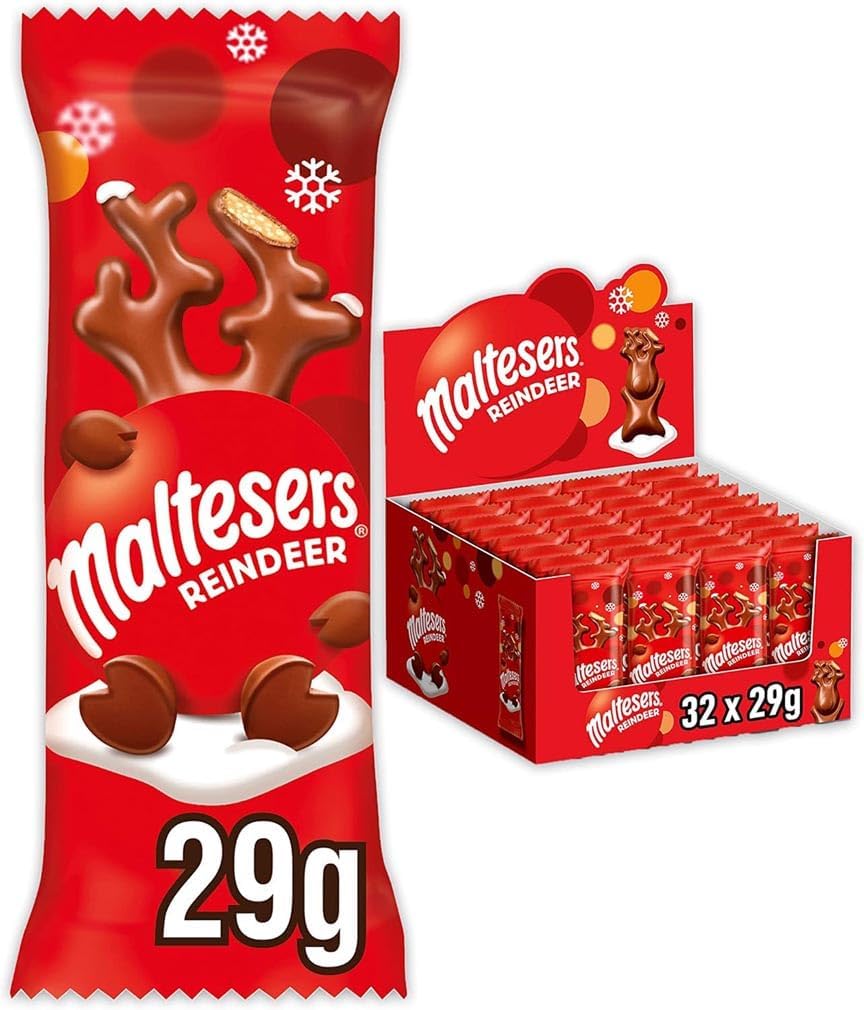 Maltesers Chocolate Reindeers Bulk Box, Milk Chocolate Gift, Honeycomb & Malt Filling, 32 x 29g, Ideal for Christmas Stocking Fillers or Snacks