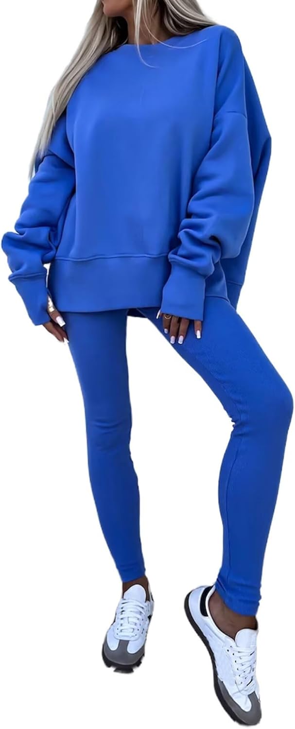 Adogirl Sweatsuit for Women Casual Two Piece Outfits Oversized Pullover Sweatshirts with Thumb Hole Slit Ribbed Pants