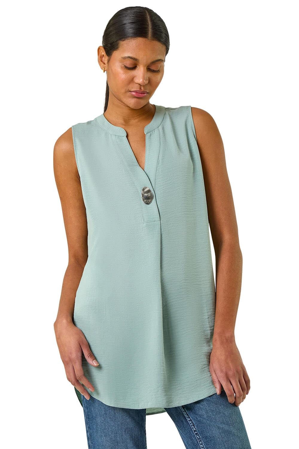 Roman Originals Women's Plain Sage Shirt For Uk Longline Top Collarless Blouse Smart Tunic Casual Evening Relaxed Fit 3/4 Length Sleeve Notch V Neck Long - Size 12