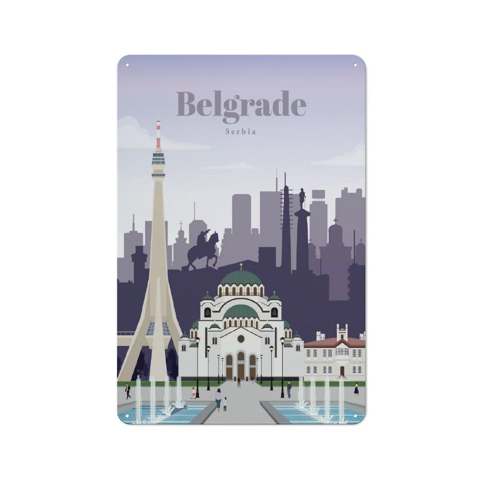 Junmoney Travel To Belgrade Tin Wall Plaque 30X20cm With For Hallway Wall, With Clear Retro Wall Decor Character