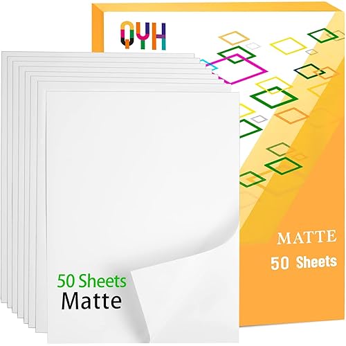 QYH Printable Vinyl Sticker Paper for Inkjet & Laser Printer - Matte White Waterproof, 50 Sheets Vivid Colors, Compatible with Cricut, Silhouette, Ideal for Small Business & DIY- 8.5"x11"