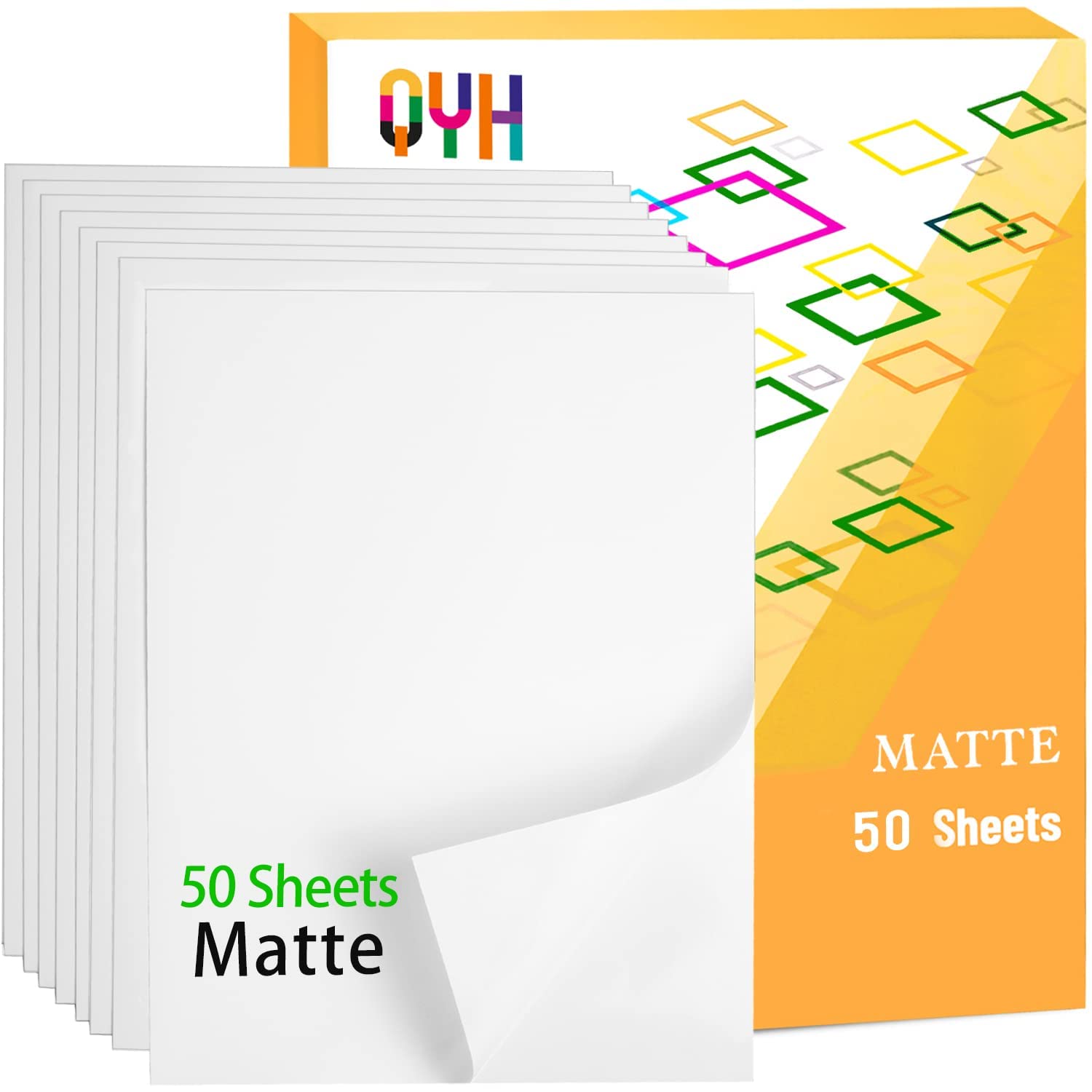 Photo 1 of QYH Printable Vinyl Sticker Paper for Inkjet & Laser Printer - Matte White Waterproof, 50 Sheets Vivid Colors, Compatible with Cricut, Silhouette, Ideal for Small Business & DIY- 8.5"x11"