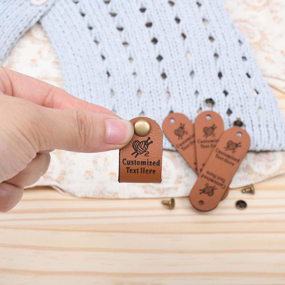Custom Name Leather Tags,Personalized Cloth Labels,Handmade Crochet Labels,Tag for Knitted Item,Real Leather Label,Gift for Knitter (100pcs,Round)