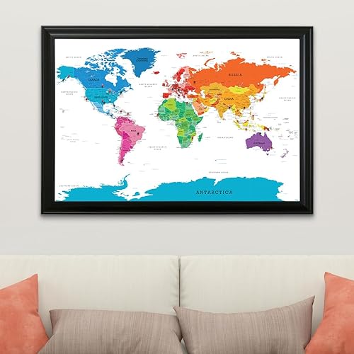 Vista 60 de Lienzo - Mapa de viaje personalizado con diseño colorido del mundo con marco negro rústico
