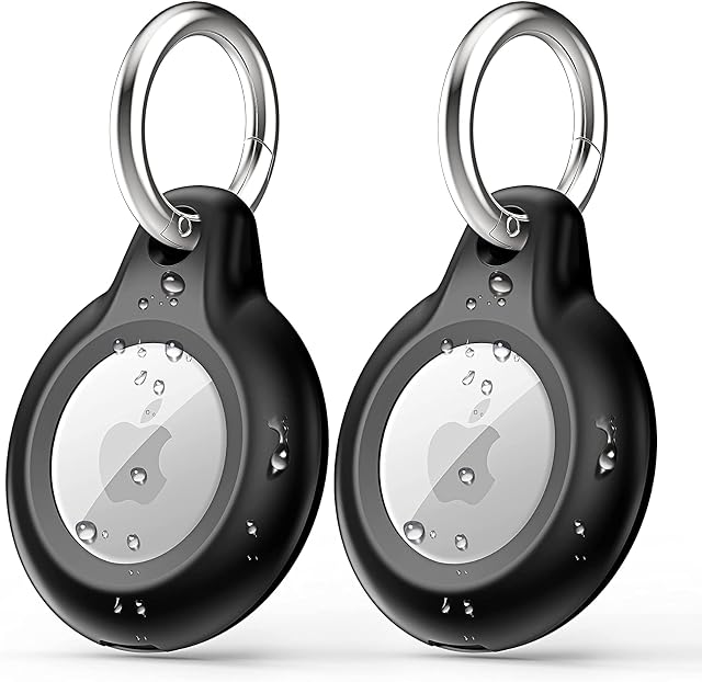 2 Pack AirTag Keyring for Apple Airtag Holder, Waterproof Protective Airtags Case Cover,Full Body Shockproof,Anti-Scratch for Dog,Keys,Luggage (Black&Black)