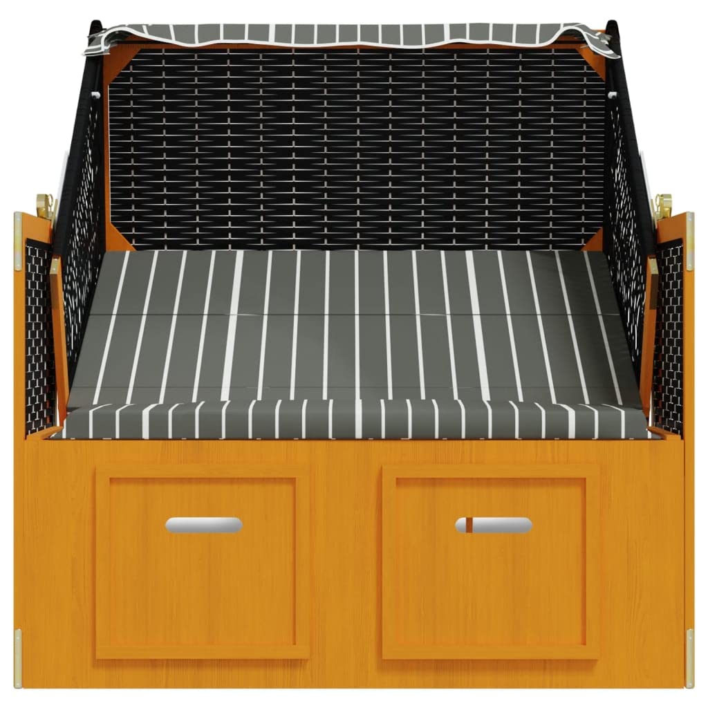 Bussandri Exclusive - Strandkorb mit Dach Poly Rattan und Massivholz Schwarz & Grau