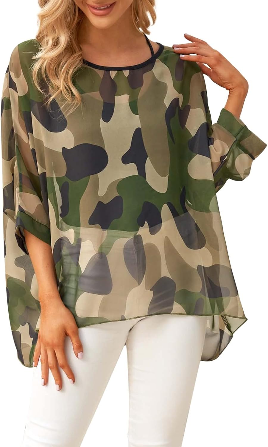 Nicetage Boho Top Sheer Dressy Blouse Chiffon Blouses for Women Sheer Poncho Flowy Batwing Tops Cruise Wear - Image 2