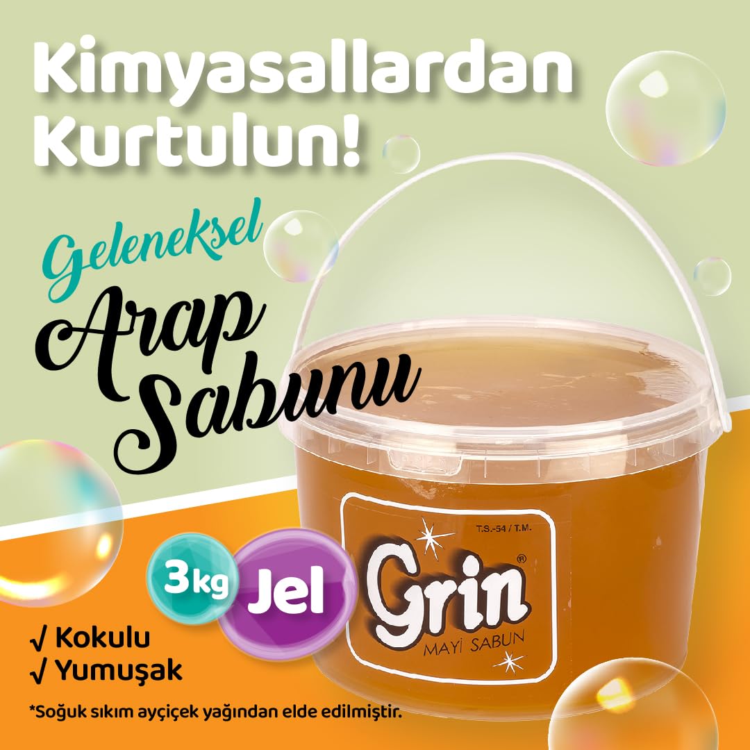 GRİN Ekolojik Arap Sabunu, 3 Kg Organik Jel Sabun, Ayçiçeği Yağı Özlü Doğal Sıvı Sabun (Kova)