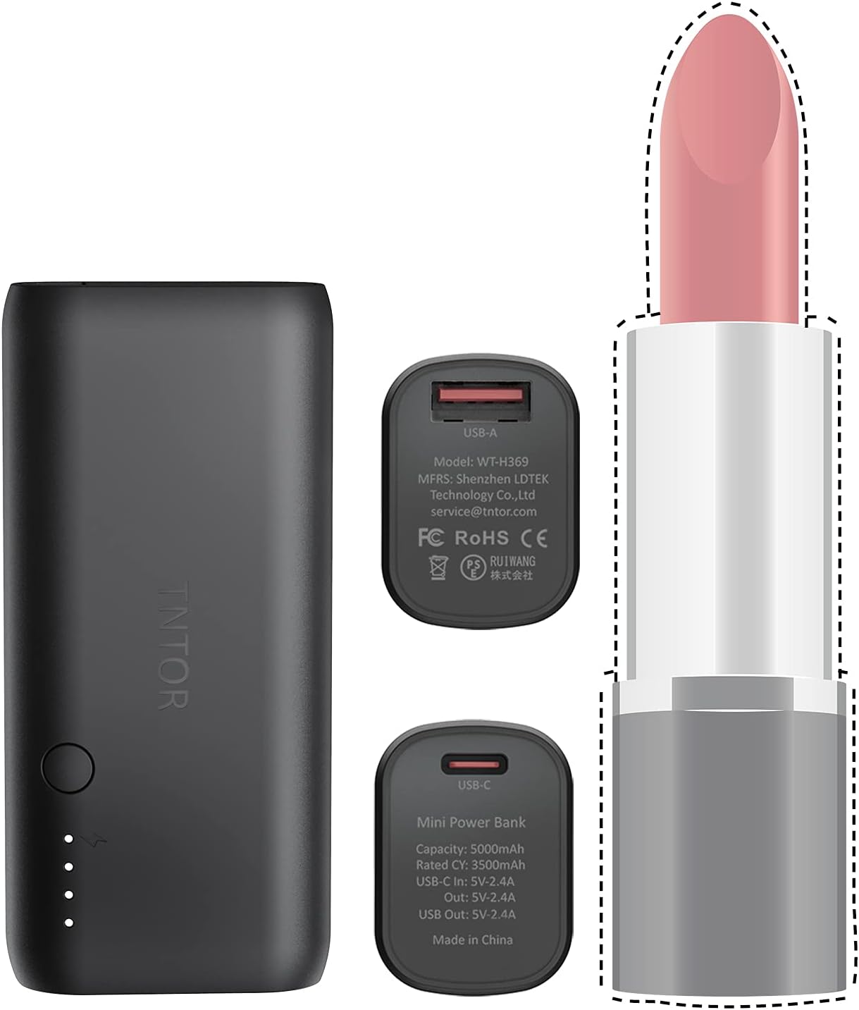 TNTOR 5000mAh mini Power Bank, Ultra-Compact Portable Charger with USB C Input/Output, External Battery compatible with iPhone Samsung Galaxy and more (Black)