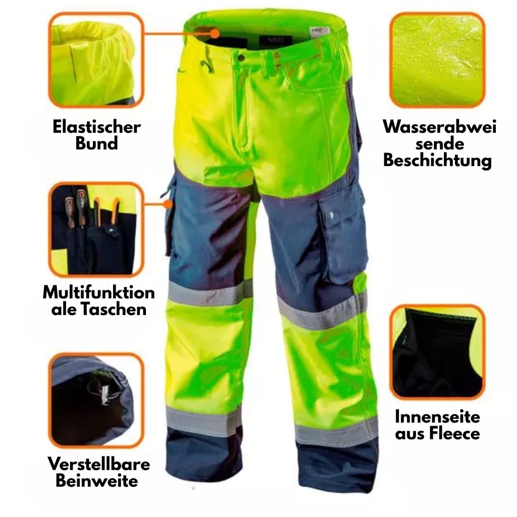 NEO TOOLS Ensemble - Pantalon de Travail Imperméable Haute Visibilité pour Hommes + Veste D'avertissement de Travail Chaude (Orange/Jaune) | Pantalon Softshell avec Doublure Polaire, S-XXL