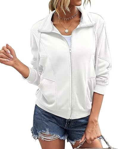 INFITTY Chaqueta de manga larga para mujer, con cremallera completa, cuello alto y bolsillos, sudaderas ligeras casuales de murciélago