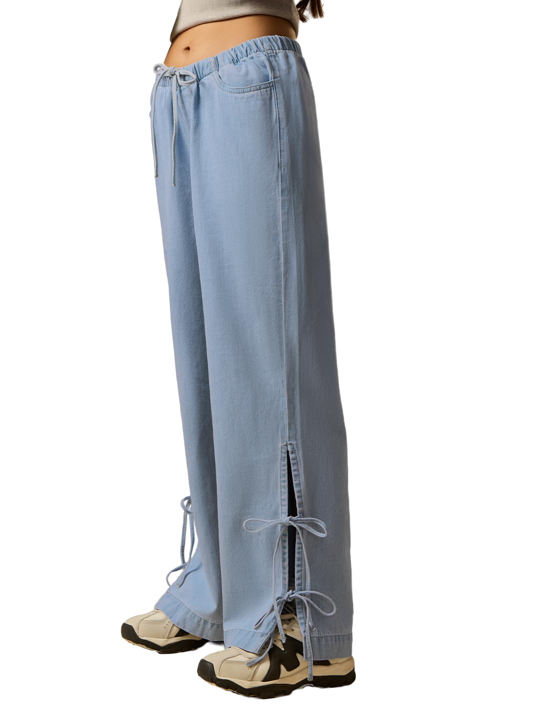 the souled store Pull-On Denim: Rosette Women and Girls Drawstring Waist Light Blue Washed Cotton Denim Wide Fit Breathable Side Slits Lightweight Comfortable All-Season Everyday Denim Jeans-picture-36