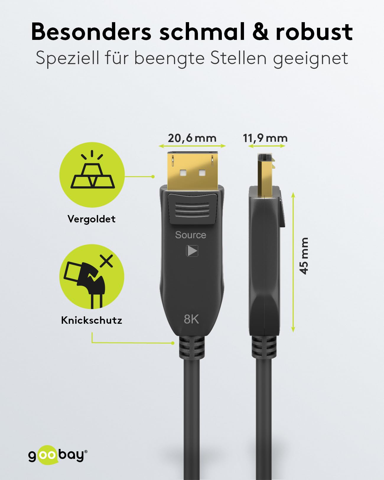 goobay 64866 Optyczny kabel połączeniowy DisplayPort Hybrid 2.0 (AOC) / 8K Ultra HD 4320p (60 Hz) / hybrydowy przewód miedziany z włókna szklanego/pozłacane powierzchnie stykowe/DisplayPort na