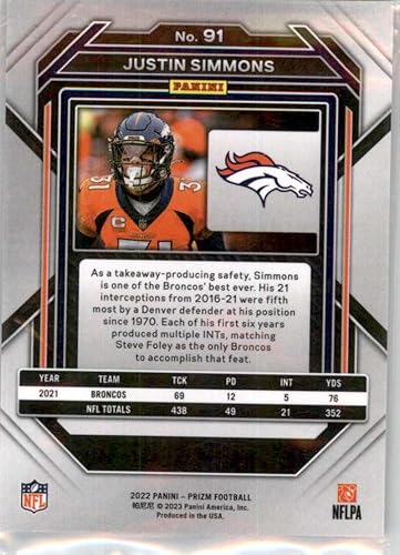 Miniatura 2 de 2022 Panini Prizm #91 Justin Simmons Denver Broncos NFL Football Trading Card