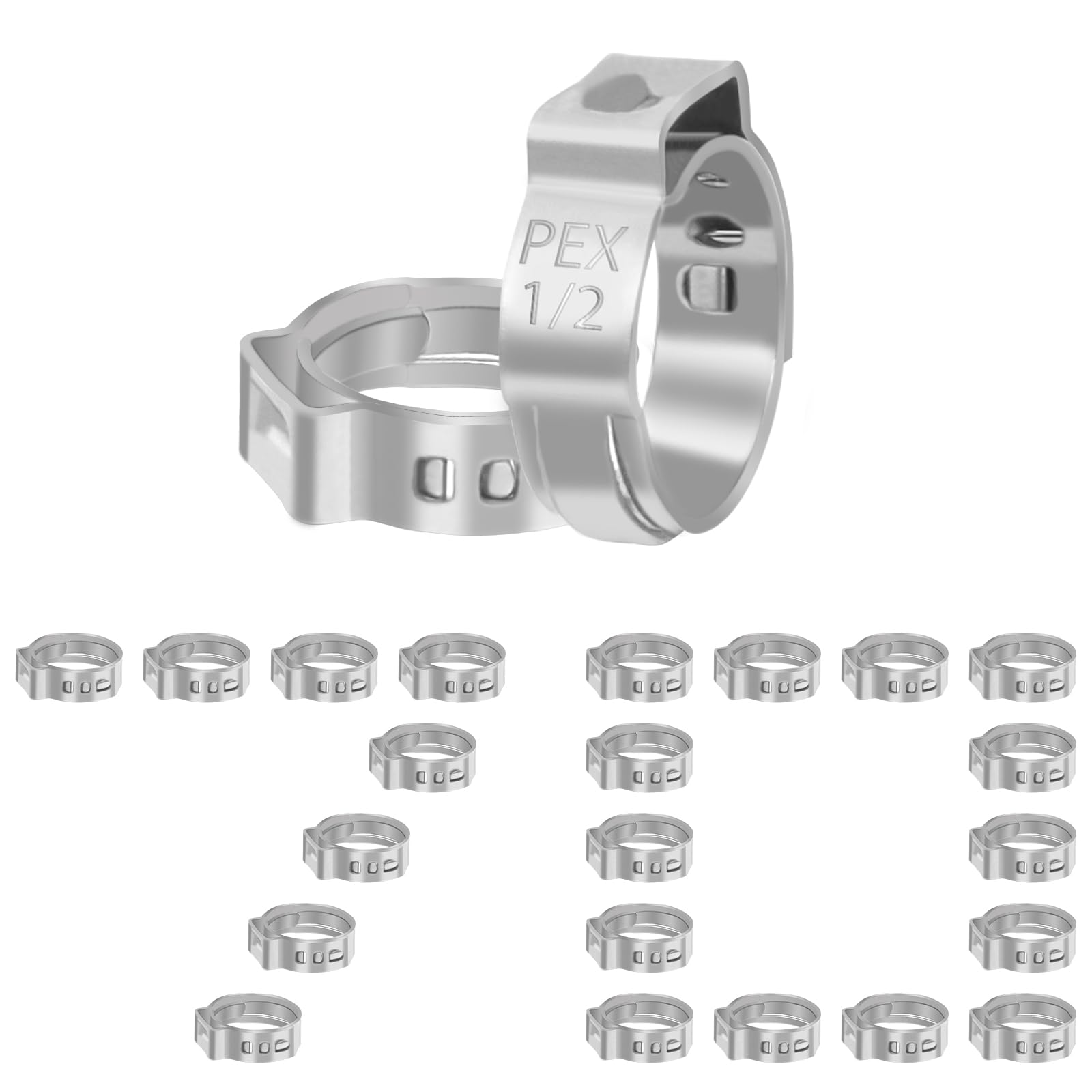 Kodilin 70-Pack 1/2 Pex Crimp Ring, Heavy-Duty 304 Stainless Steel Single Ear Pex Clamps Wider & Thicker Pex Cinch Clamps for Superior Grip & 360°