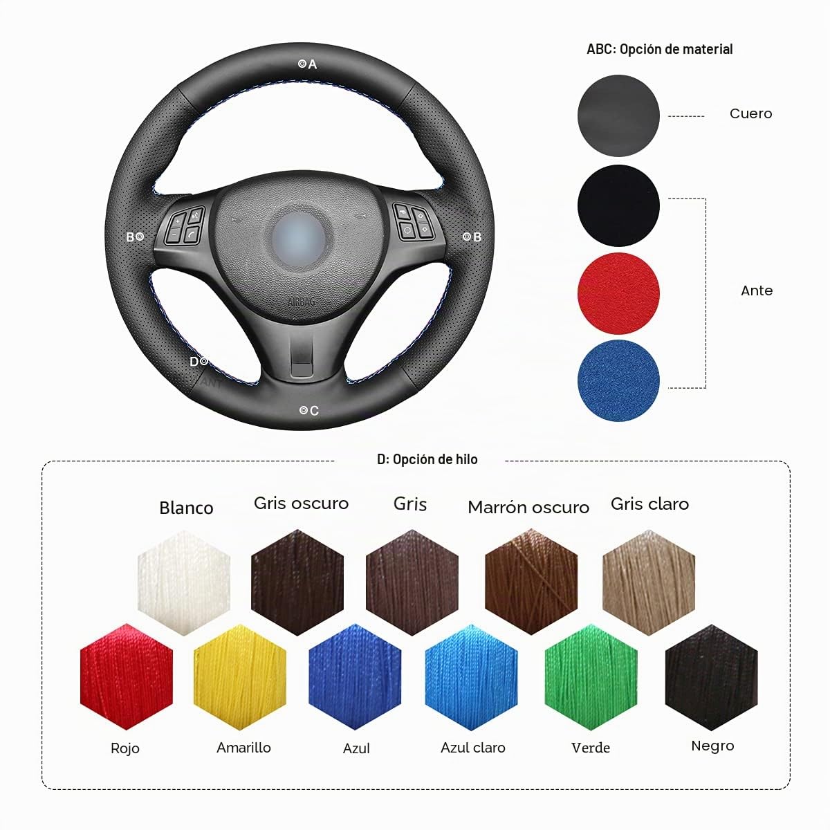 MEWANT Funda de Volante a Medida para Coser BMW M3 | Sport M3 E90 E91 E92 E93 E87 E81 E82 E88 X1 E84 Cuir Véritable Transpirable Para Volantes Calefactados Duradero