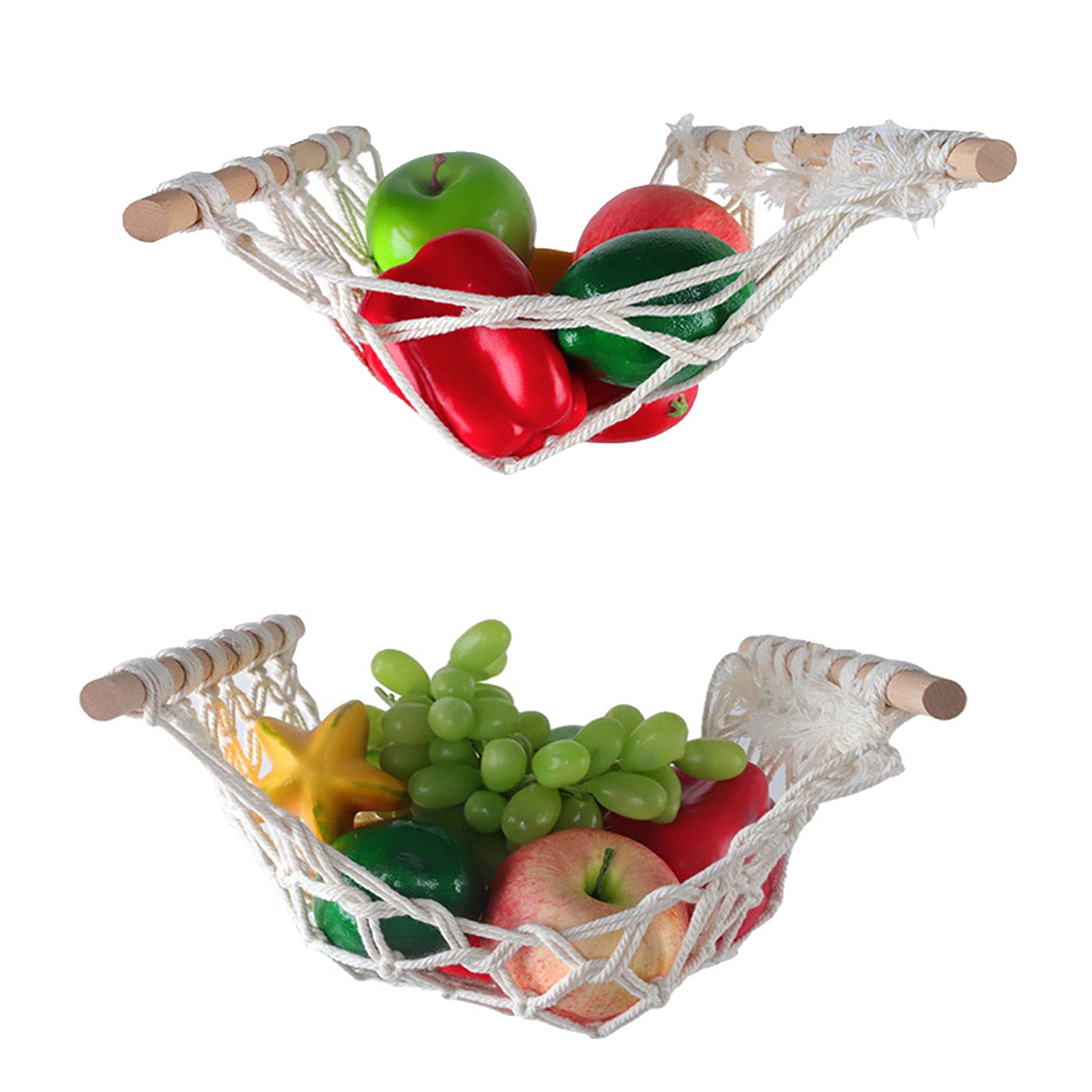 AVLA Amaca Macramè Per Frutta (2 Pezzi) In Cotone Fatto A Mano Con Astine Di Legno - Per Cucina, Camper, Sotto Armadio