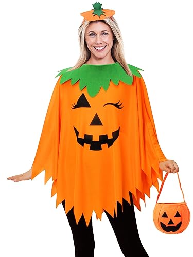 3PCS Halloween Pumpkin Costume for Women,Pumpkin Poncho for Adults with