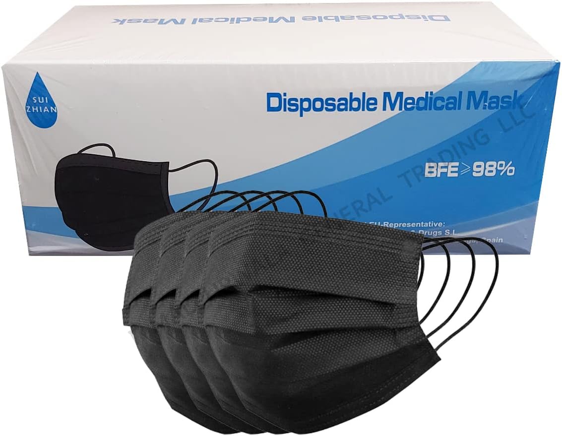 Disposable Surgical Medical Face Mask with Comfortable Ear loops - 3 Layer Non Woven - 50pcs/box (10pcs sealed bag x 5) BLACK