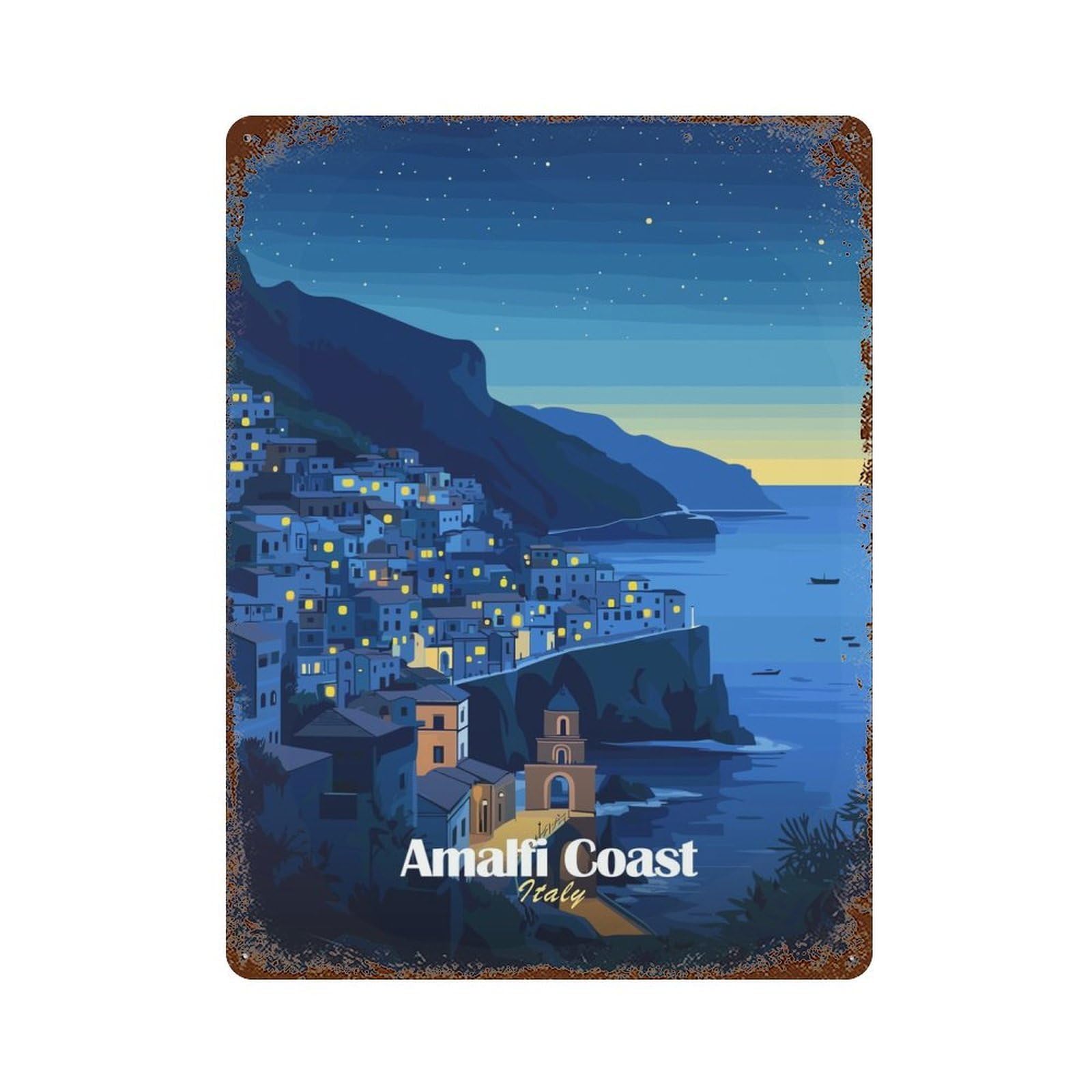 Amalfi Coast Night View 15.7"x11.8" Vintage Rust Metal Sign, Shabby Chic Decor for Garage, Bar And Workshop Decor