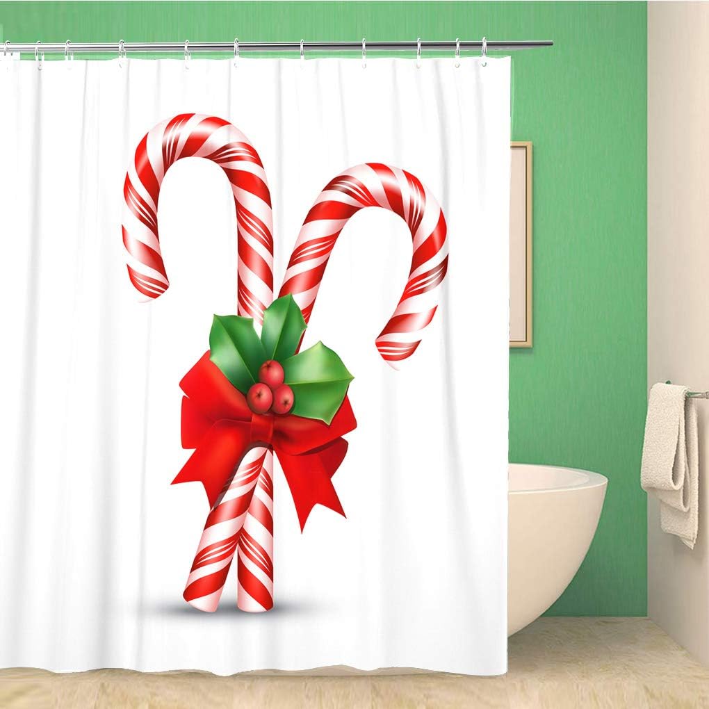 Shower Curtain Christmas Candy Cane with Red Bow and Holly Berries on White Stick Color Noel Peppermint 72x72 Inches Waterproof Polyester Bathroom Decor Curtain Set with Hooks
