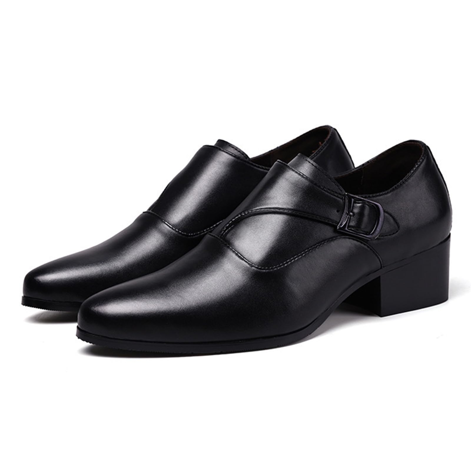 Men's Genuine Leather Chunky Heel Monk Strap Dress Loafers Fashion Classic Pointed Toe Low Top High Heel Slip On Chelsea Oxford Shoes Casual Business