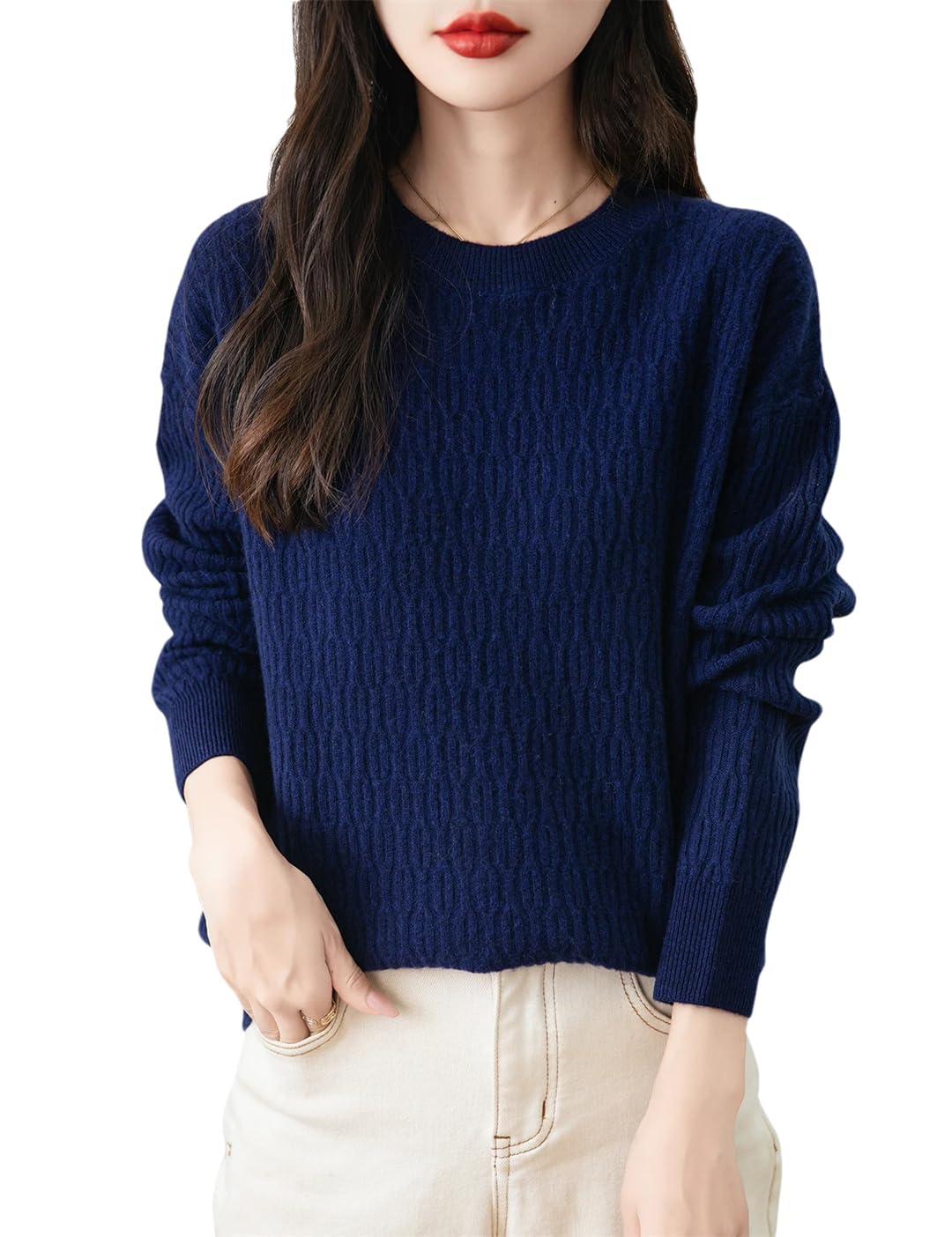 Damski sweter z mieszanki wełny z okrągłym dekoltem sweter z długim rękawem sweter ciepły dzianinowy solidny sweter, NIEBIESKI, M