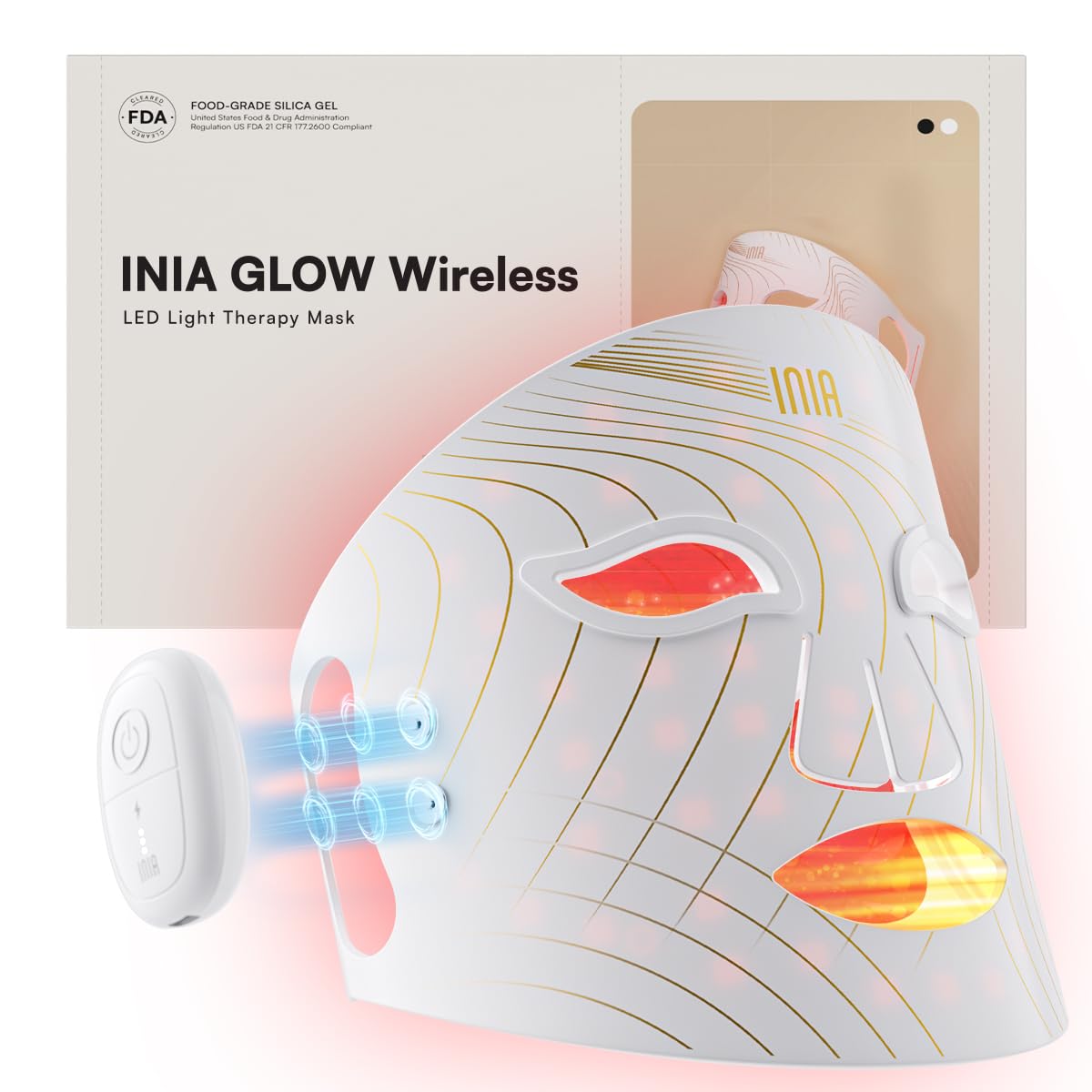 INIA Red Light Therapy for Face, Glow Wireless LED Face Mask Light Therapy with Near-Infrared Red Light (NIR), Rechargeable and Ergonomic Design for True Anti-Aging Skincare at Home & Travel(White)
