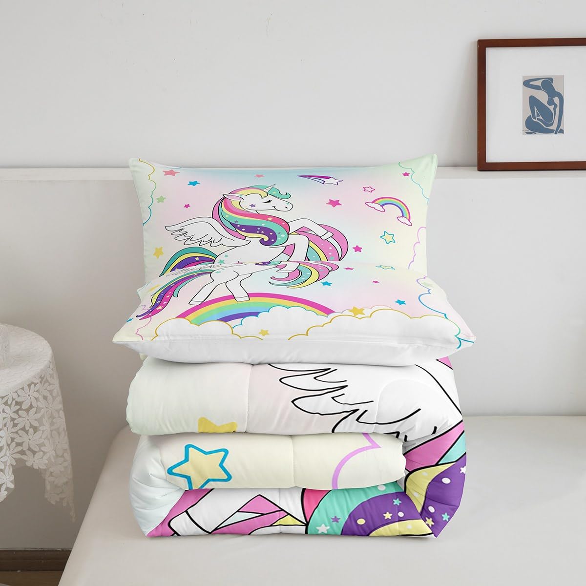 JQinHome Set Biancheria Letto Unicorno Arcobaleno 8 Pezzi Per Ragazze – Morbido E Completo (Singolo/Matrimoniale) - 2