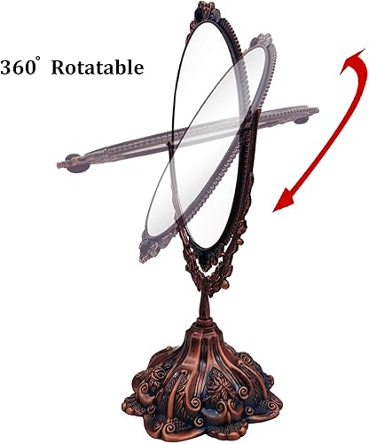 Miniatura 4 de Hsiwto Espejo de maquillaje vintage de doble cara, espejo de escritorio de maquillaje de mesa de metal de aleación con rotación de 360 grados,