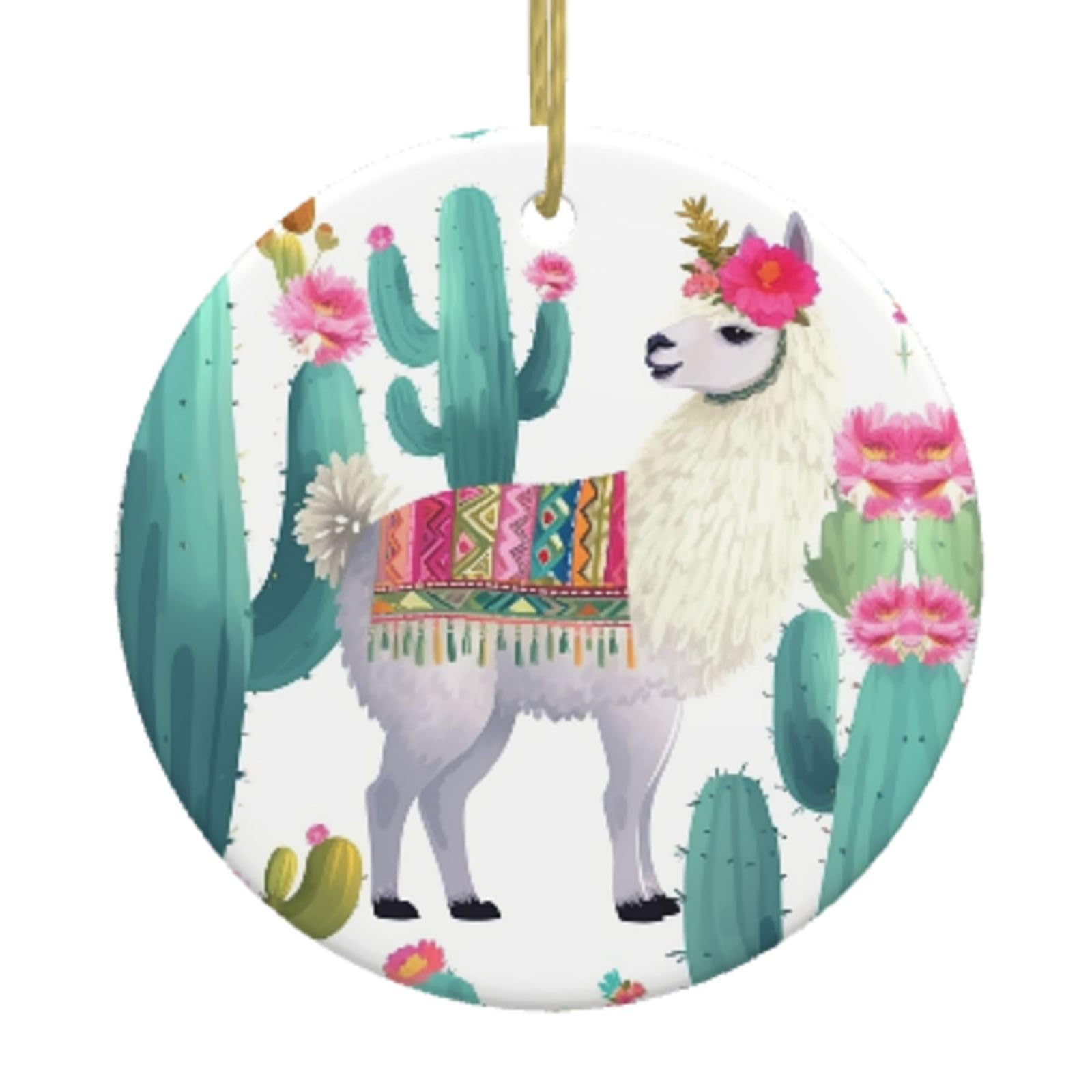 Ceramic Christmas Tree Hanging Ornaments with Gold Ropes Christmas Tree Decorations Round Ceramic Tropical Llama Alpaca Cactus Flower Pendant Keepsake Decorations for Holiday Xmas Gift Ideas