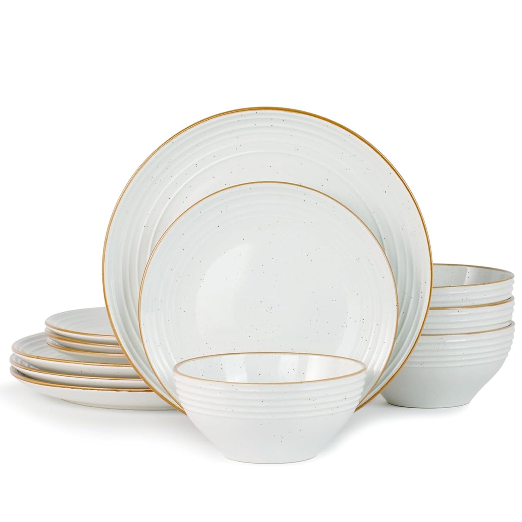 Famiware Jupiter Plates and Bowls Sets with Rim, Stoneware Dinnerware for 4 | 12-Piece Ceramic Dish Set, Speckled & Embossed Swirl, Chip & Scratch Resistant, Microwave & Dishwasher Safe, Neutral White