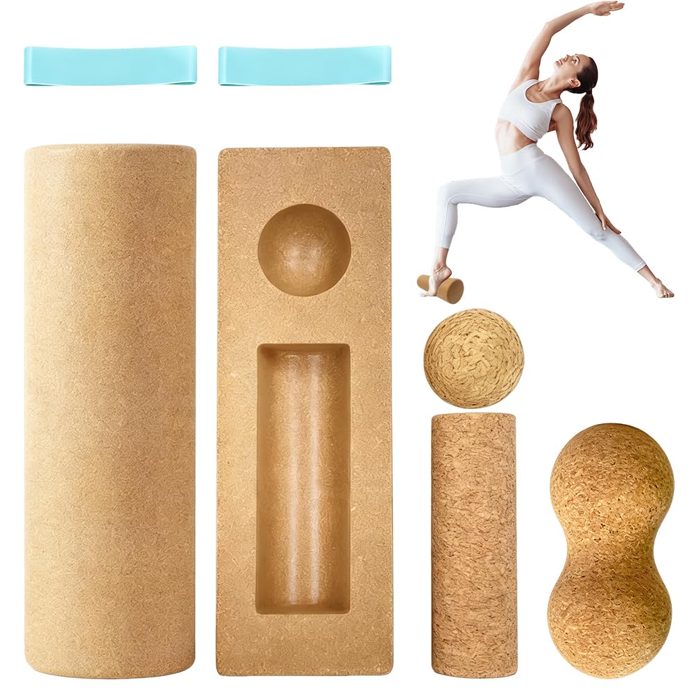 HOVCEH Cork Balance Board, 5-in-1 ankle Balance Board Foot Strengthener with Balance Blocks, Massage Roller, Peanut Ball & Toe Bands, Balance Trainer Board for Ankle Stability, Yoga, Mobility Training