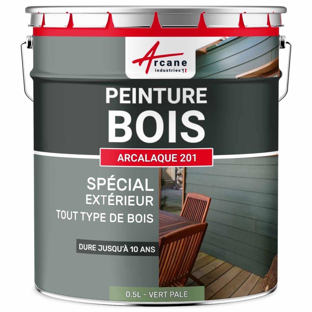 ARCANE INDUSTRIES Peinture Bois extérieur, Peinture portails, bardage, abri et mobilier de Jardin... : Arcalaque 201-​0.5 L Vert Pâle - RAL 6021