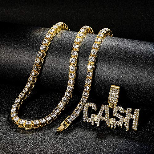 HH Bling Empire Unisex Hip Hop Iced Out Silver Gold Cz Diamond Bubble Dripping Full Name Letters Words Pendant Chain Necklace (Cash - Gold, with Tennis)