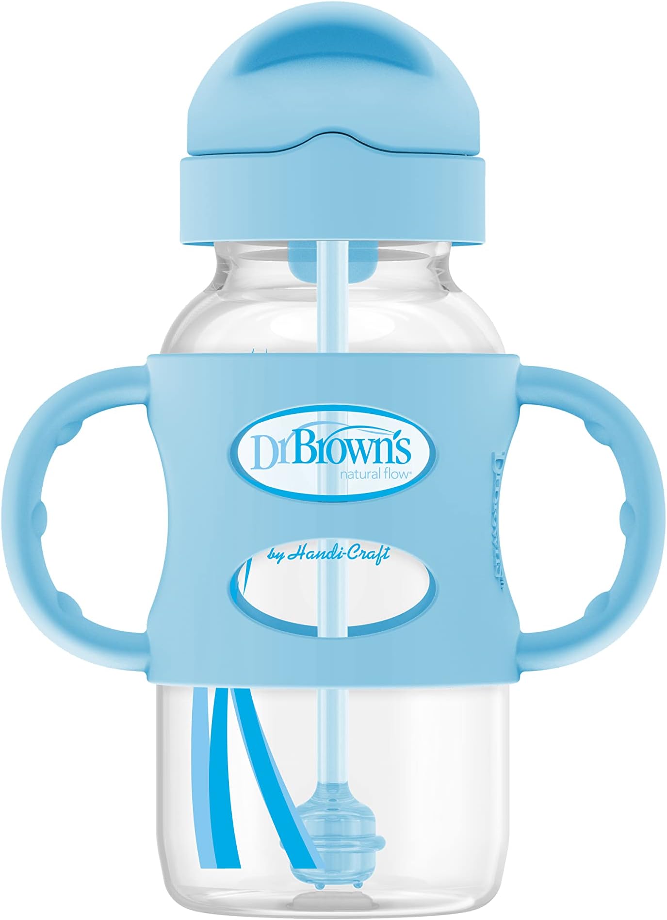 Milestones Wide-Neck Sippy Straw Bottle with 100% Silicone Handles and Weighted Straw, 9 oz/270 mL, Blue, 6m+