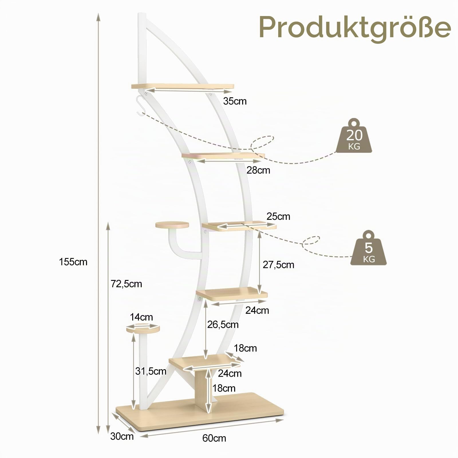 KOMFOTTEU 5-Stöckiger Pflanzenständer, Metall-Blumenständer, Pflanzentreppe mit Kippschutz, Blumentreppe mit 7 Ebenen & 1 Haken, Display-Regal für Garten Balkon Wohnzimmer, Weiß (2 Stück)