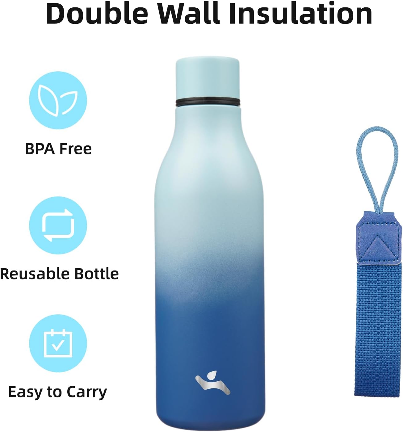 Insulated Water Bottle with Strap,18 oz Double Wall Stainless Steel Vacuum Bottles Metal Water Flask,Sky - Image 3