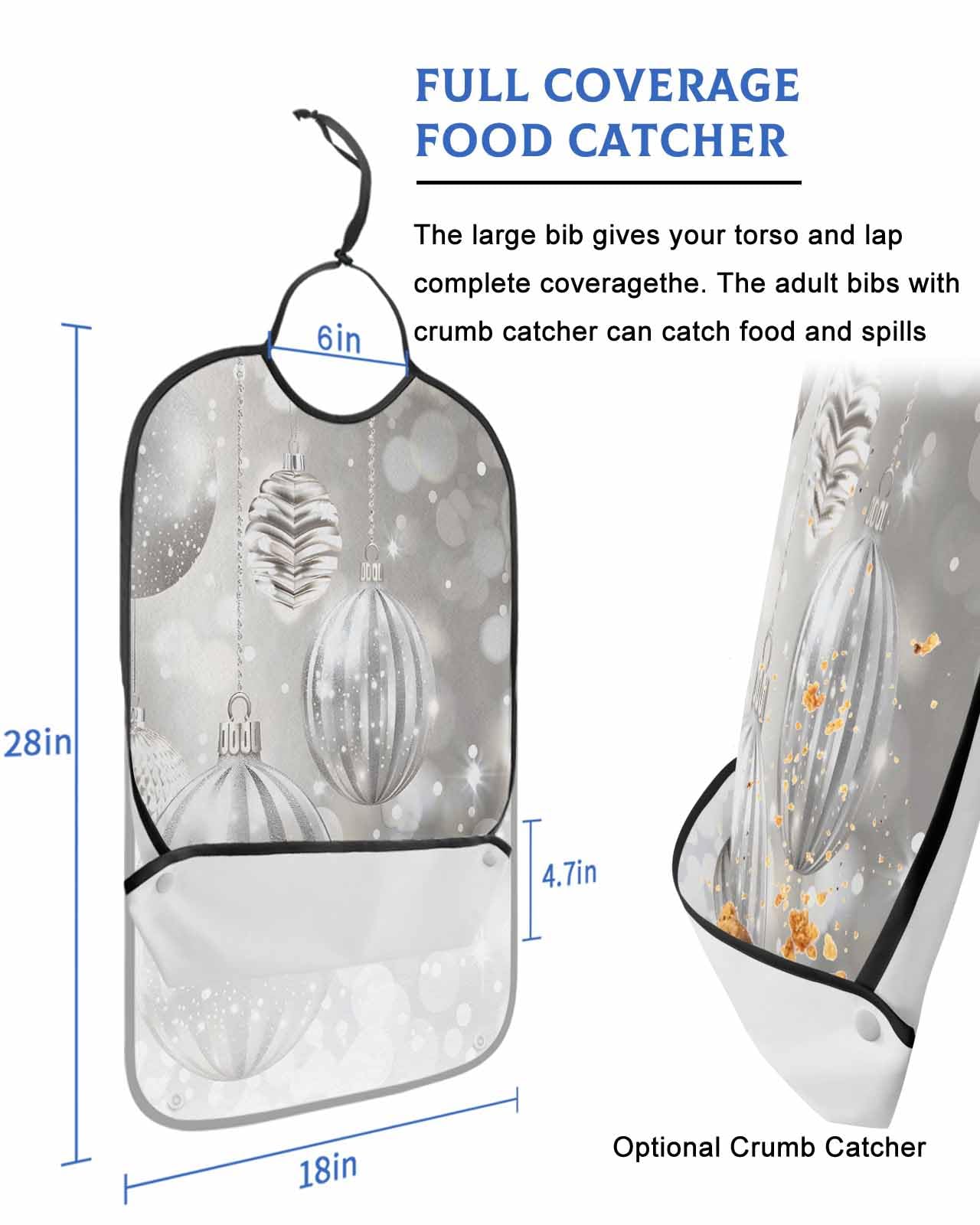 Onekaccu Christmas Adult Bibs for Elderly Women Men Washable Bibs for Eating, Silver Grey Christmas Balls Gradual Waterproof Clothing Protectors Adult Bibs with Crumb Catcher