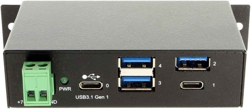 Coolgear 4-Port USB A and USB C 3.1 Gen 1 Hub, SuperSpeed 5 Gb/s, Industrial Metal Enclosure, ESD Protection, Wall and Din Mountable