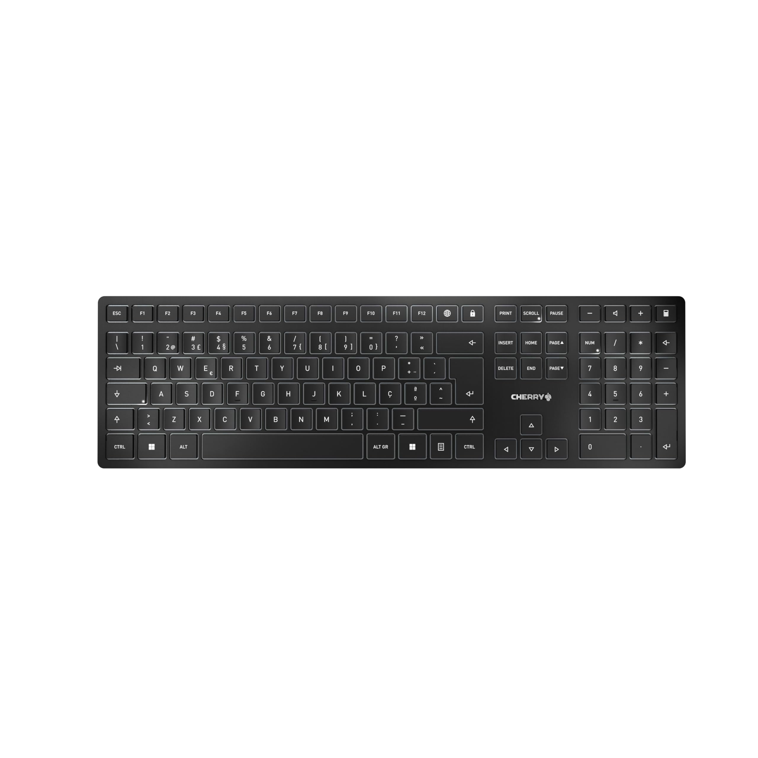 CHERRY KW 9100 SLIM, Tastiera Senza Fili, Layout Portoghese (QWERTY), Bluetooth o 2,4 GHz a Scelta, Tasti Piatti, Ricaricabile, Nero-Grigio
