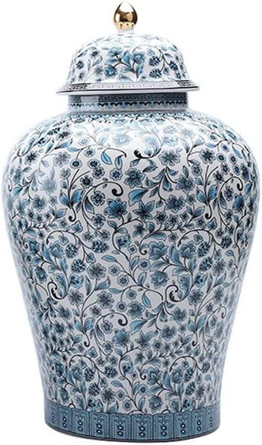Retro Ceramic Ginger Jar Vase with Lid, Decorative Blue and