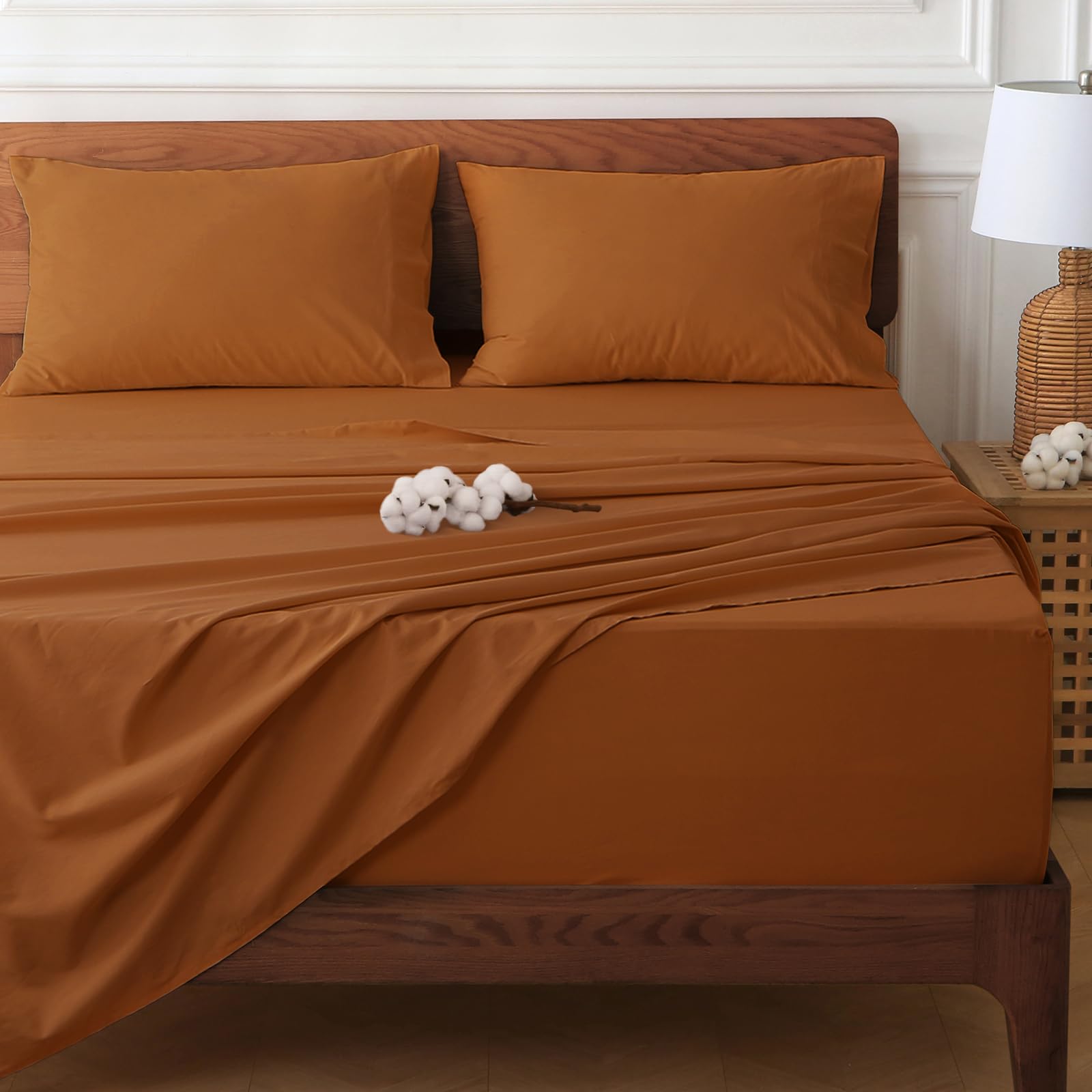 HYPREST 100 Cotton Sheets for Queen Size Bed Deep Pockets Fit 18- 24 in Deep Mattress Burnt Orange