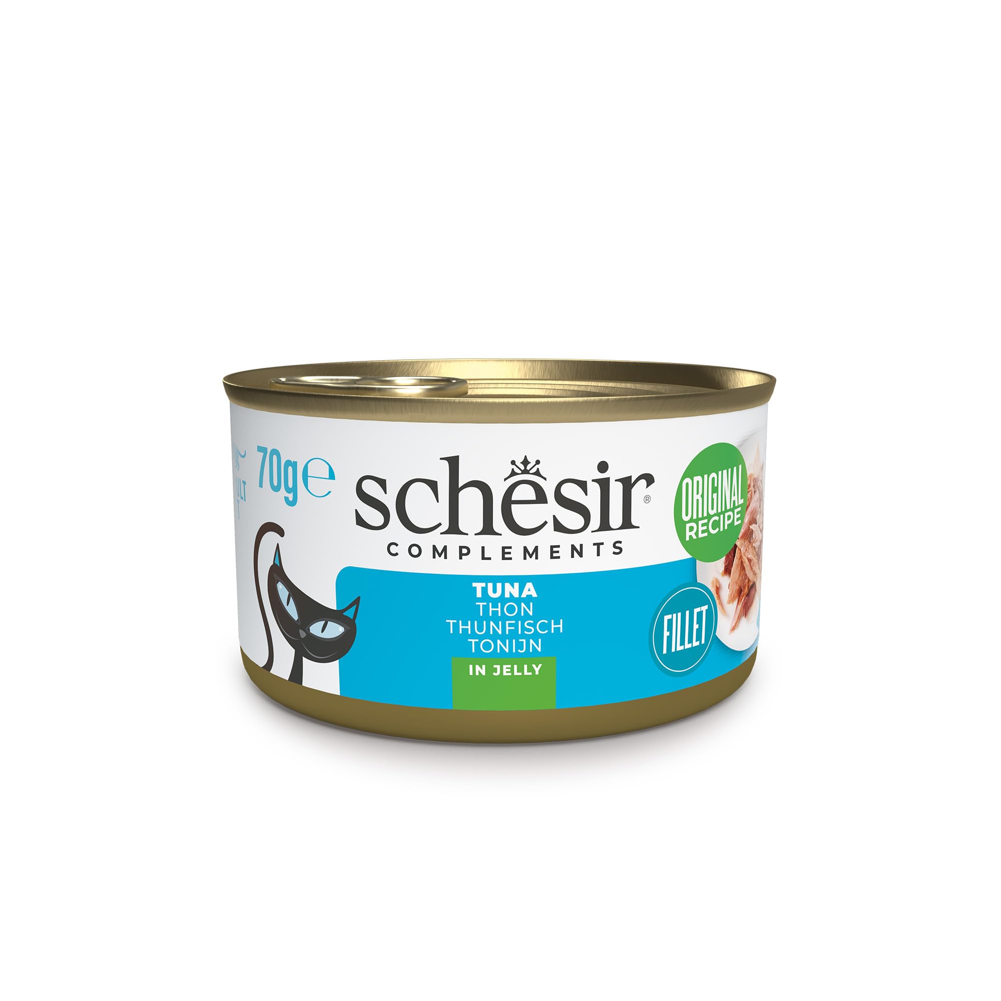 Schesir, Filetes de Atún en Gelatina, Comida Húmeda Complementaria para Gatos, en Latas, Receta Original, 100% Natural, 12 x 70g