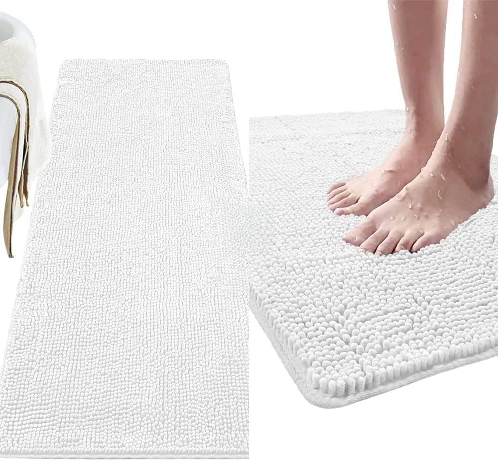 LOCHAS Chenille Bathroom Rug Mat Set White, Bathroom Rug Runner is Size 24x48, Bath Rug is Size 20x30, 2 Item Bundle
