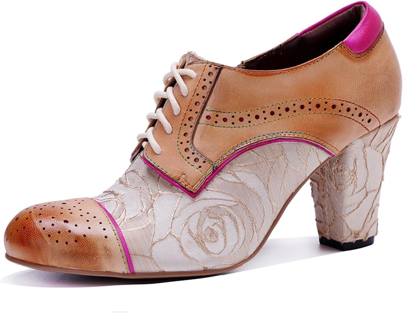 Vintage Victorian Floral Oxford Pumps Leather High Heel Ankle Booties Classic Brogue Women's Shoes
