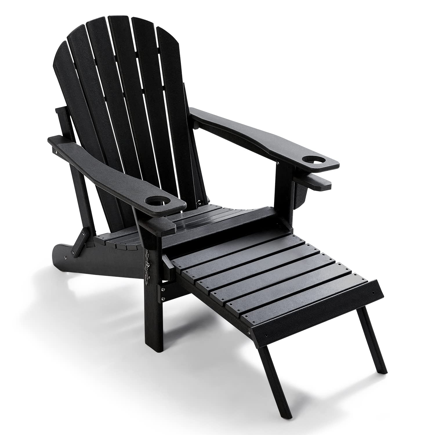 Adirondack-Chairs-with-Ottoman | Folding | Retractable-Footrest | HDPE Plastic | All Weather Fire Pit Chair | Cup Holders | Black | for Outdoor Poolside