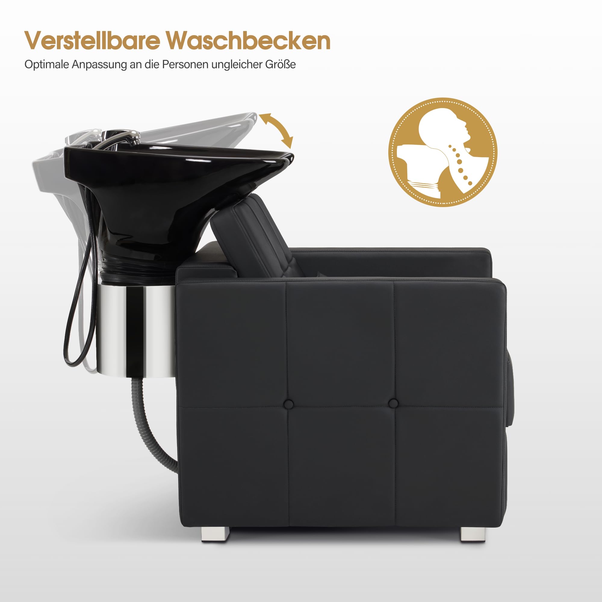 Barberpub W8010 - Silla de peluquería con lavabo, lavabo de cerámica ajustable, sillón de lavado hacia atrás para spa y peluquería (negro)
