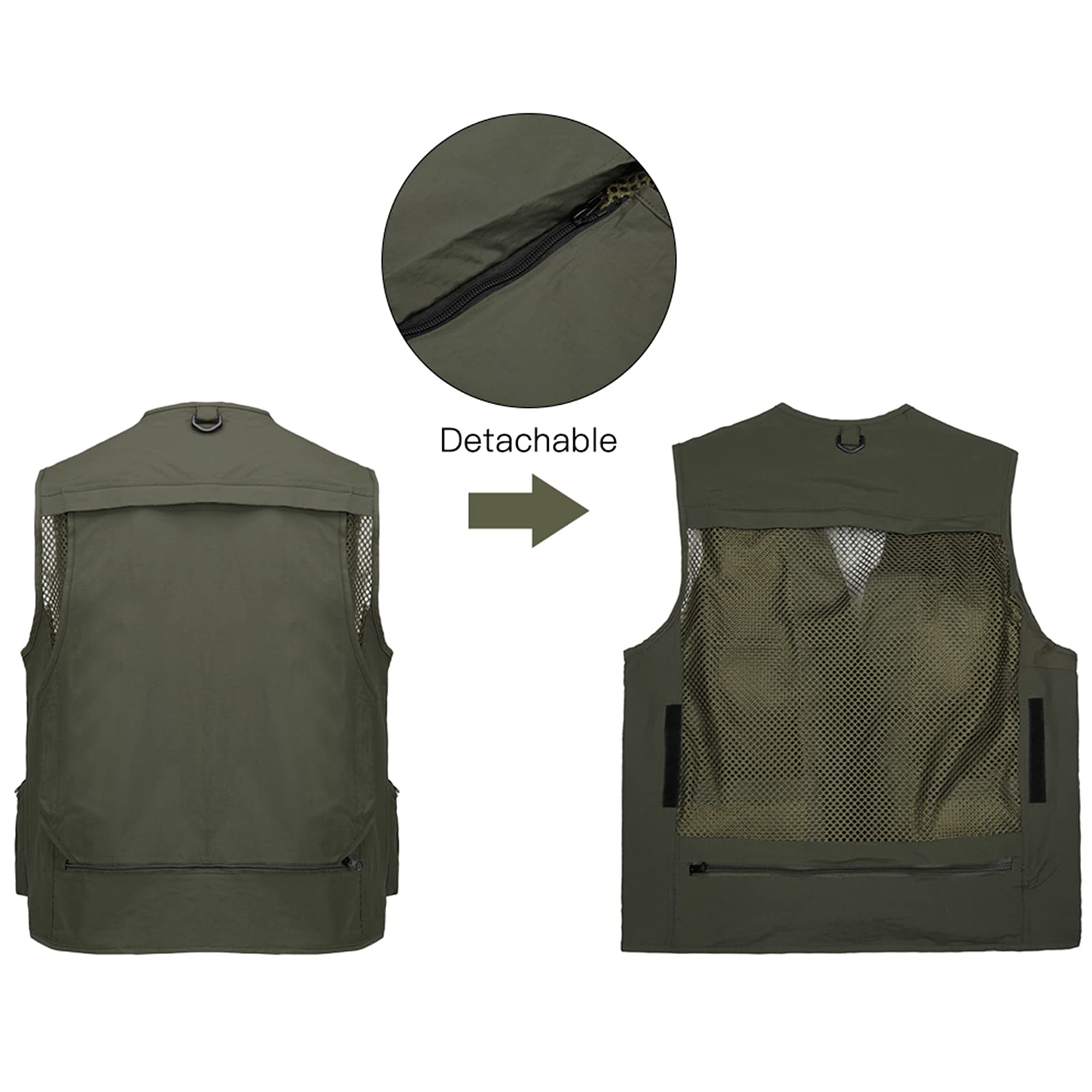 Chaleco de Pesca para Hombre Multi-Bolsillos Chaleco de Pesca Chaleco de Trabajo, para Fotografía Caza Camping Viajes Deportes,Verde,M